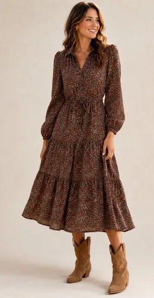 New Summersalt Countryside Poplin Floral Prairie‎ Midi Dress Brown thumbnail 1