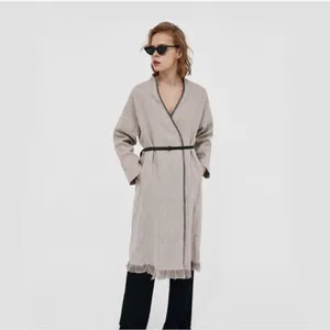 Zara Woman 100% Linen Striped Duster Coat Whipstitch Trim Beige XS Open‎ Front thumbnail 4