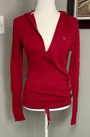 AMERICAN EAGLE Angora Blend Red Hooded sweater Y2K 90s drawstring medium thumbnail 1