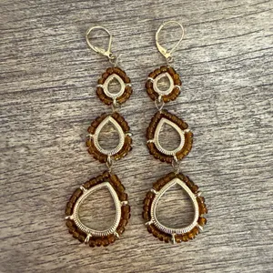 Gold Tone Amber Color Seed Beads 3 Tiered Dangle Earrings Artsy Boho Festival thumbnail 7
