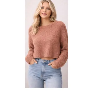 Aerie Sweater Womens XL‎ Tan Cropped Popcorn Knit Fuzzy Cozy Loungewear thumbnail 2