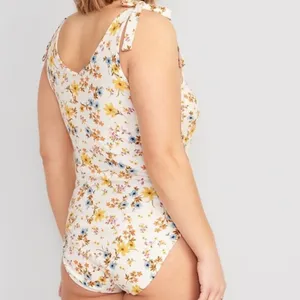 Old Navy Printed Tie-Shoulder V-Neck Rib-Knit Bodysuit - White Floral Size M thumbnail 3