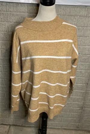 A New Day Tan White Oversized Mock Neck Long Sleeve Striped Sweater Size Medium thumbnail 1