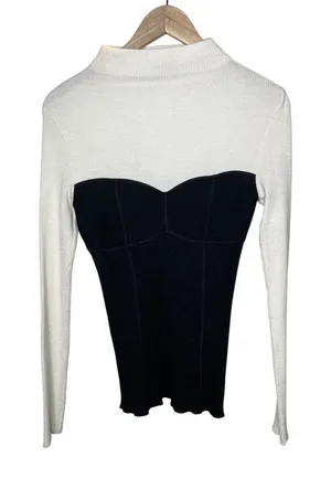 Theory Ribbed Knit Colorblock Bustier Seamtop Sweater Black White Med thumbnail 1