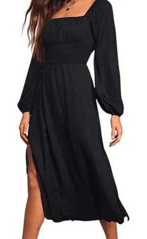 NWT‎ Lulus Long Sleeve Smocked Waist Midi Dress Black Size XS Babydoll Milkmaid thumbnail 1