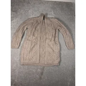 Aran Crafts Ireland Tan Chunky Cable Knit Wool Open Front Cardigan W Pockets‎ Xs thumbnail 3