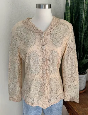 Vintage Modelia New‎ York Metallic Lace Embroidered Top – XXL Elegant Blouse thumbnail 1