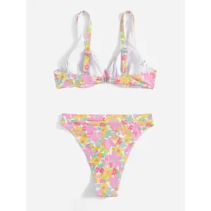 SHEIN Pink, Yellow & Green Floral Underwire Bikini Set thumbnail 2