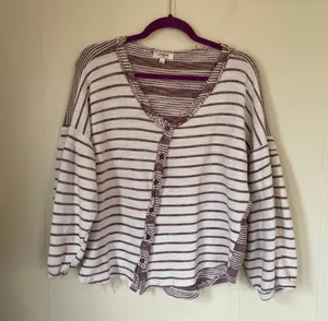 Umgee cardigan sweater maroon striped balloon sleeves short length Women’s sz L thumbnail 3