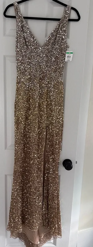 Mac Duggal Size 0 Rose Gold Sequin Gown NWT Formal Evening Dress High Slit thumbnail 1