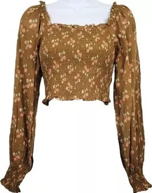 Aerie Crop Top Long Puff Sleeve Floral Print Smocked Ruffle Square Neck Brown S thumbnail 1