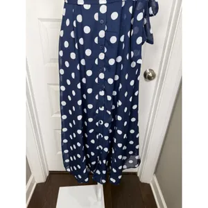 Studio One‎ Navy Polka Dot Midi Dress Tie Waist Button Front S Parisian Coquette thumbnail 3
