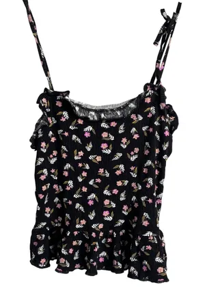 Billabong Floral Cami Top Womens Small Black Ribbed Ruffle‎ Tie Strap Peplum thumbnail 1