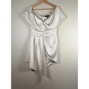 Lulus Champagne Satin Off Shoulder Wrap Ruched Waist Asymmetrical Hem Dress M‎ thumbnail 2