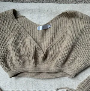 Tan Knit Puff Ruffle Sleeve Bow Tie Cropped Long Sleeve Sweater Top thumbnail 5