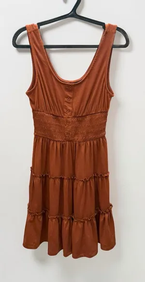Dokotoo Rust Sleeveless Button Front Smocked Waist‎ Tiered Mini Dress Size XS thumbnail 1