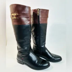 Tommy Hilfiger Leather Riding Boots, Black and Brown Colorblock Design, size 7.5 thumbnail 3