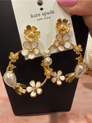 kate spade |♠️| Gold & White Floral, Pearl & Crystal Hoop Earrings | Med/L thumbnail 2