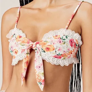 For Love & Lemons Ravi Floral Tie Front Bikini Top Eyelet Lace Trim Small thumbnail 1