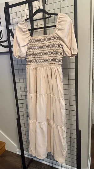 Smocked Cream Maxi Dress with Puff Sleeves thumbnail 1