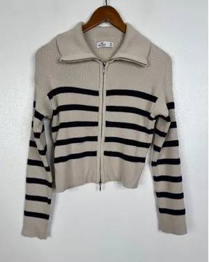 Hollister Womens Full Zip Striped Ribbed Knit Crop Sweater Beige Navy XS thumbnail 1
