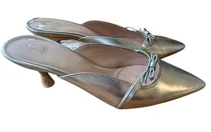 Kate Spade New York Silver Metallic Pointed Toe Kitten Mules 7.5 W/Bow Detail thumbnail 1