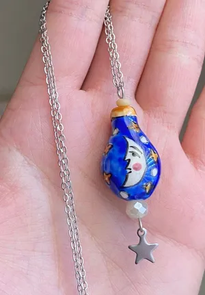 Handmade ceramic moon & star whimsical fairy boho funky vintage style necklace🌟🌛🧡 thumbnail 1