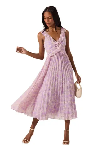 ASTR THE LABEL Floral Ruffle Pleated Midi Dress Lilac Size Small New thumbnail 1