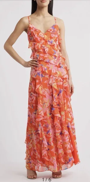 Eliza‎ J Floral Ruffle Fil Coupé Maxi Dress Size 5 Floral Sundress Slip dress thumbnail 1