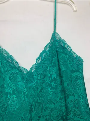 Victorias Secret size medium green paisley Lace Trim Teal Camisole Slip vintage thumbnail 4