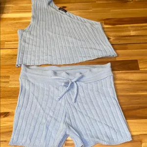 Boohoo Knit Sweater pajama set small Sky Blue one shoulder top & shorts ribbed thumbnail 1