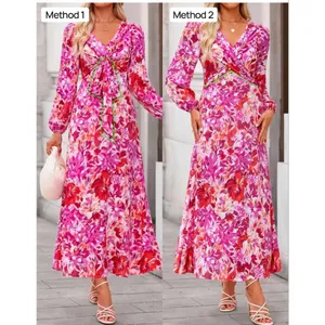 NEW Pink Floral Long Sleeve V Neck Belted Flowy Midi Dress S thumbnail 5