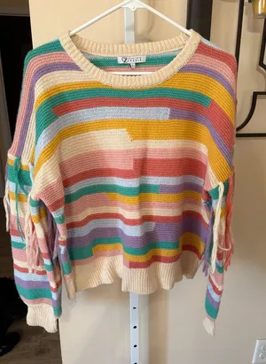 Collection by Cezele Rainbow Striped Fringe Tassel Knit Sweater Multi Color L thumbnail 1