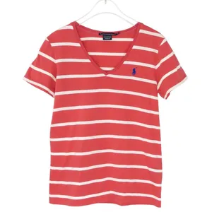 Vintage Ralph Lauren Red & White Striped V-Neck Short Sleeve T-Shirt Top Small thumbnail 1