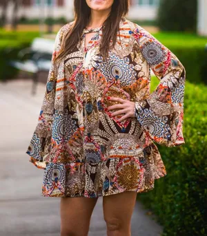 Umgee Bohemian Multicolor Printed Bell Sleeve Ruffle Hem Mini Dress Size L thumbnail 1