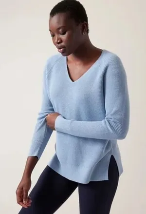 ATHLETA Hanover Refined Merino Wool V-Neck Sweater Solid Heron Blue Knit Small thumbnail 1