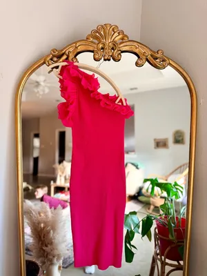 Milly pink ribbed one shoulder ruffle dress medium thumbnail 2