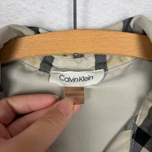 Calvin Klein Plaid Button-Up Blouse Women's M Beige Sheer Casual Fall Minimalist thumbnail 4