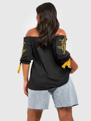 Boohoo Black Off-Shoulder Top with Yellow Artisanal Embroidery thumbnail 3