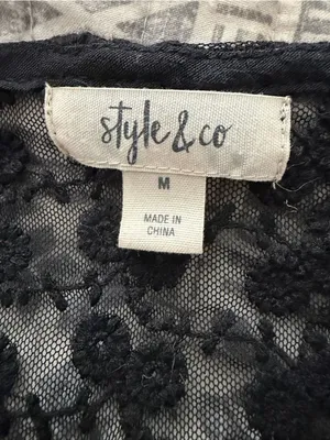 Style & Co Black Boho Gauze Blouse Lace Crochet Trim 3/4 Sleeve Medium thumbnail 5