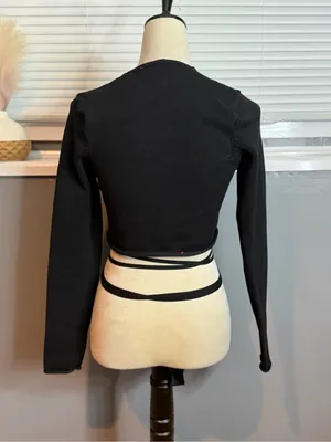 Zara Black Wrap Tie Long Sleeve Crop Top Size Medium thumbnail 4