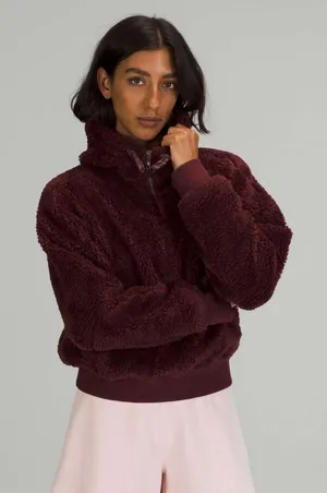 Lululemon Textured Fleece 1/2 Zip Hoodie Pullover Sweater Red Merlot‎ Womens 14 thumbnail 1