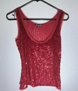 Chaudry KC Red Sequin Sleeveless Top | Beaded Party Blouse | Size Small thumbnail 1