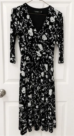Ralph Lauren Carlyna Black & White Floral Wrap Midi Dress thumbnail 1