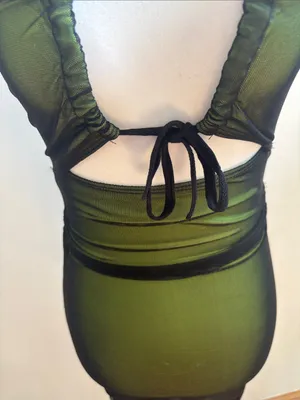 Dolls Kill Olive Green Cutout Mesh Midi Dress with Tie Front thumbnail 2