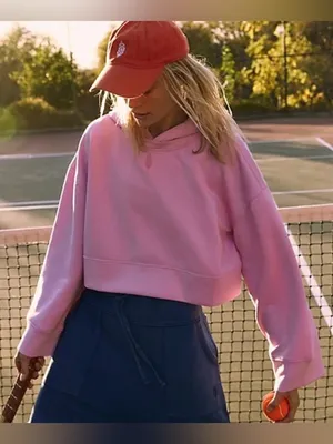 Free People NWT Playing Games Pink Cropped Hoodie Sweatshirt Pullover Size L thumbnail 1