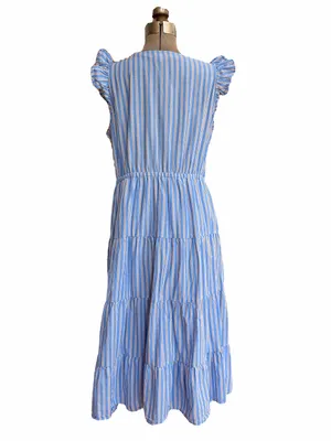 J. Crew V-Neck Cotton Ruffle Cap Sleeve Tiered Striped Midi Dress thumbnail 6
