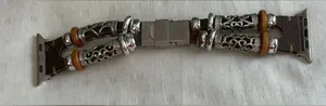 Stainless Steel Brown Leather and Silver Beaded Apple Watch Band Strap thumbnail 1