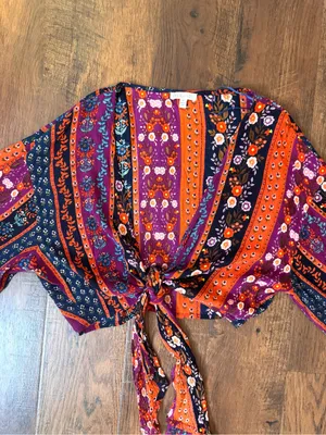 PATRONS OF PEACE by Anthropologie, boho floral, front tie shrug, size M thumbnail 6