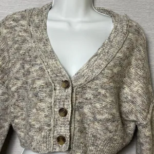 Garage Womens Small Cropped Cardigan Sweater Marled Grey V-Neck Button Front P/S thumbnail 3